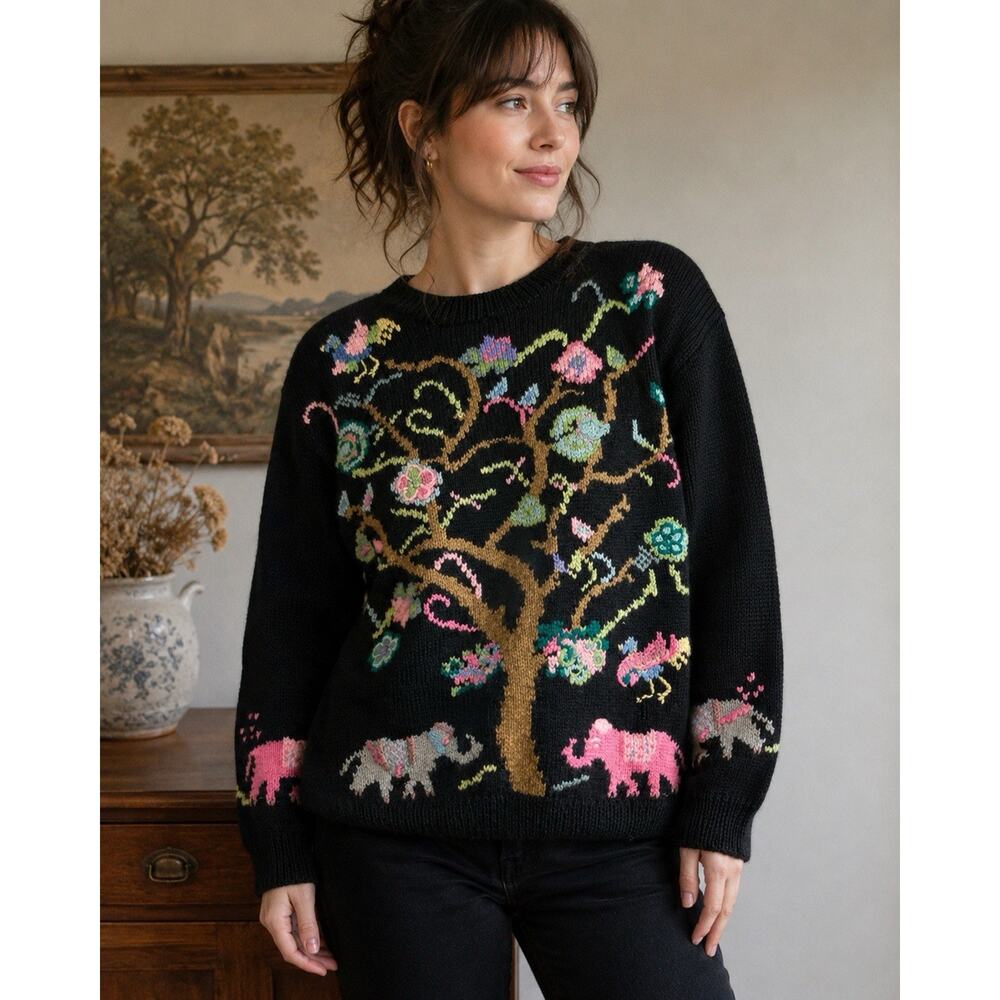 Vintage Roberto Frost Hand Knit Wool Sweater Whimsical Elephant Tree Folk Art M
